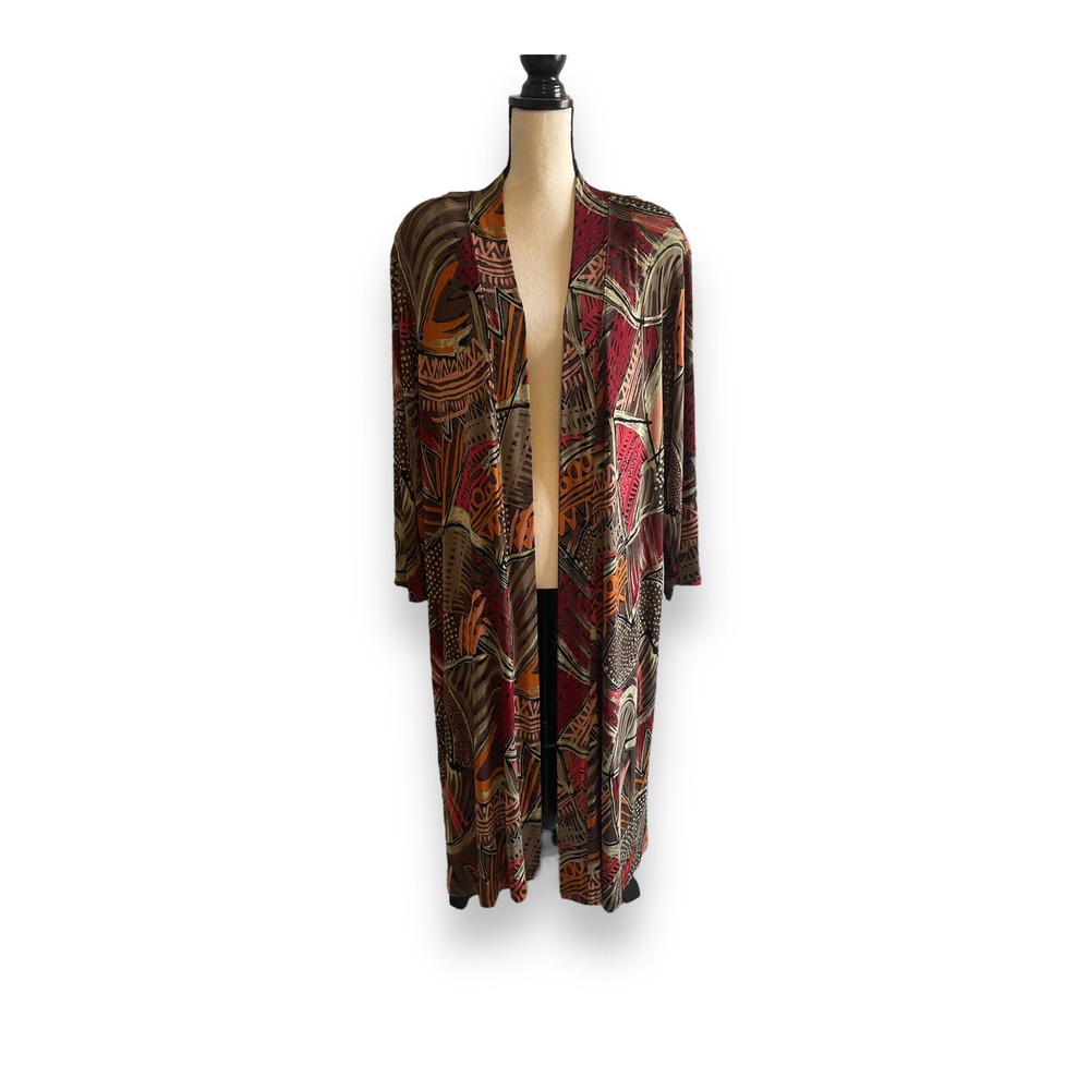 Vikki Vi Womens 2X Duster Cardigan Abstract Geometric Open Front Longline USA